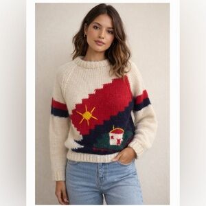 Vintage hand knit Cozy Cream and Red  heavy knit Sweater with Graphic Design